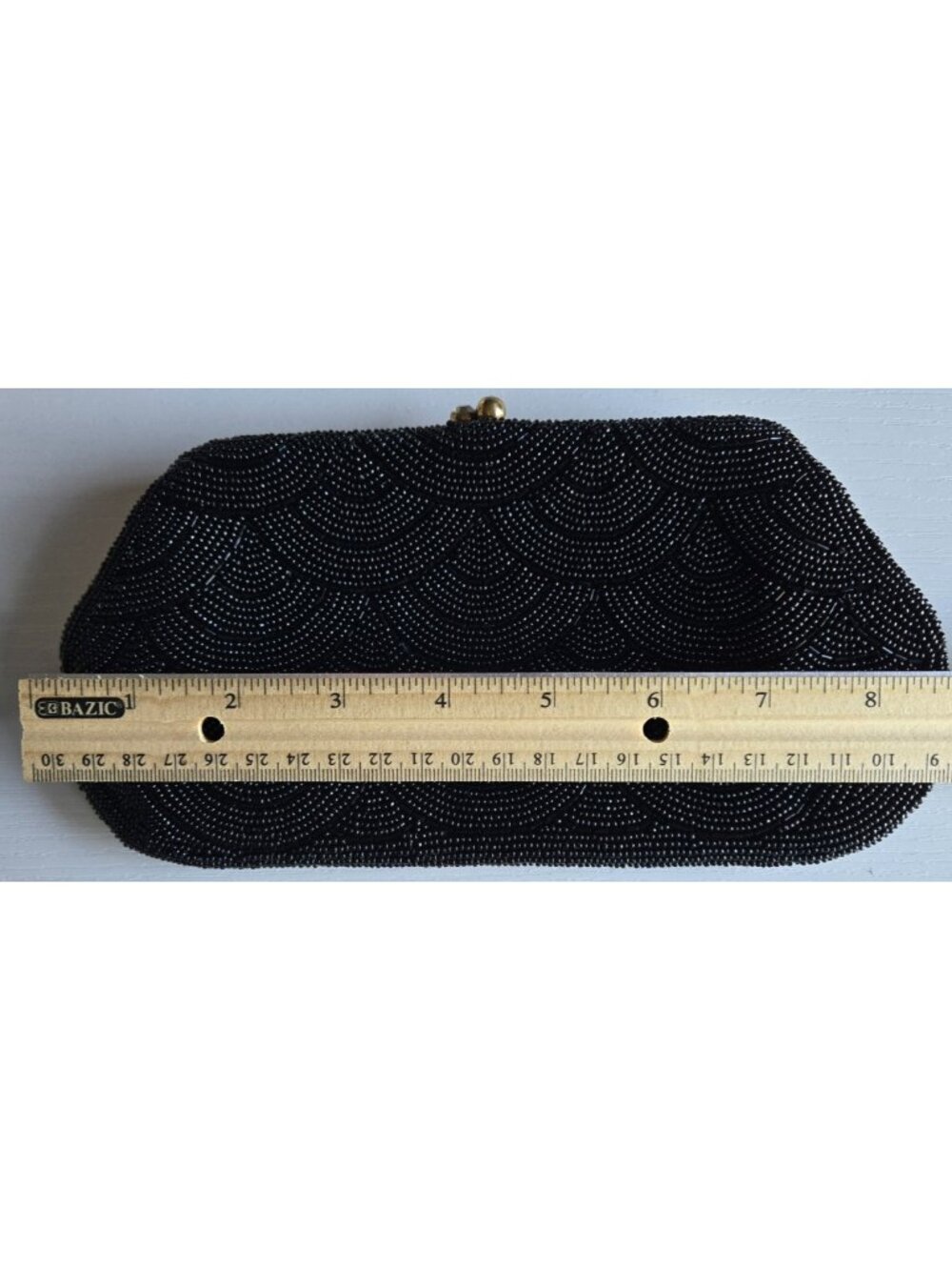 Sharonee Black Beaded ~ 9 inch Clutch Purse with Rhinestone Kiss Clasp - Picture 3 of 6